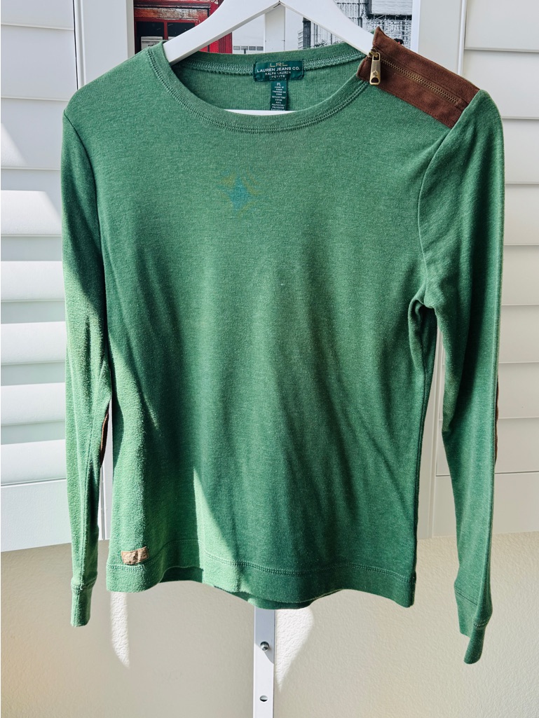 Lauren Ralph Lauren Green Long Sleeve Top With Brown Shoulder Accent